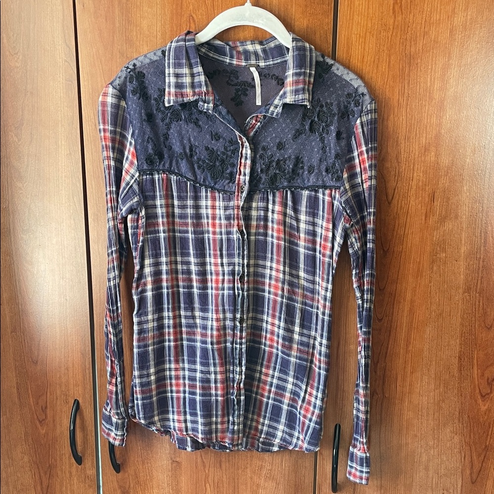 Free People Navy and Red Plaid Shirt with Lace Yoke
